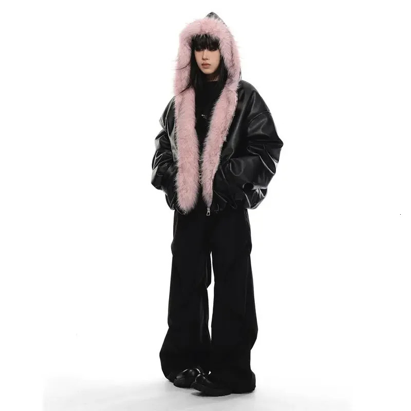 Y2K Trendy American High Street PU Fur Collar Hooded Leather Jacket Retro Goth Hiphop Zipper Unisex Loose 241216