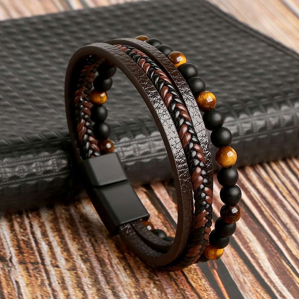 LALAVARA 1pc Fashion Layered Handmade Braided Leather Tiger Eyestone Beaded Characteristic Punk Bracelet, Father's Day Gift