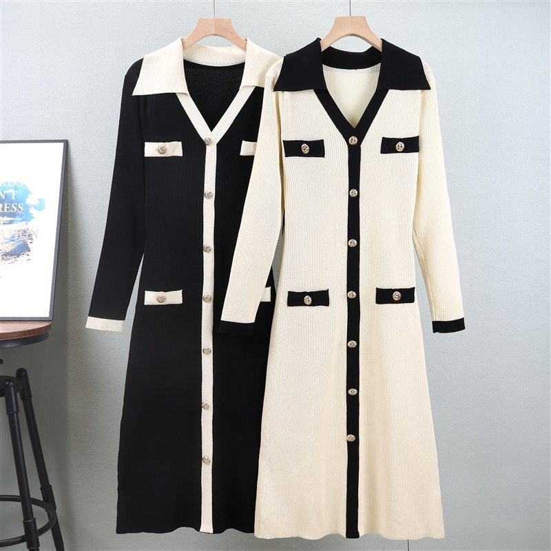 Knitting Women V-Neck Long-Sleeved Slim Elegant Casual Button Dress new France High-Quality Mid Length Skirt
