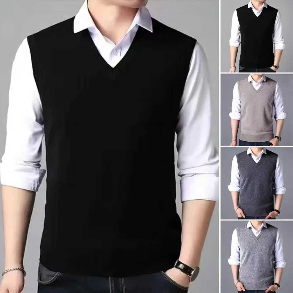 Solid Color Sleeveless Vest Knitted Vest Versatile Mid-aged Mens V-neck Knitted Sweater Vest Slim Fit Sleeveless PulloverXJ241221