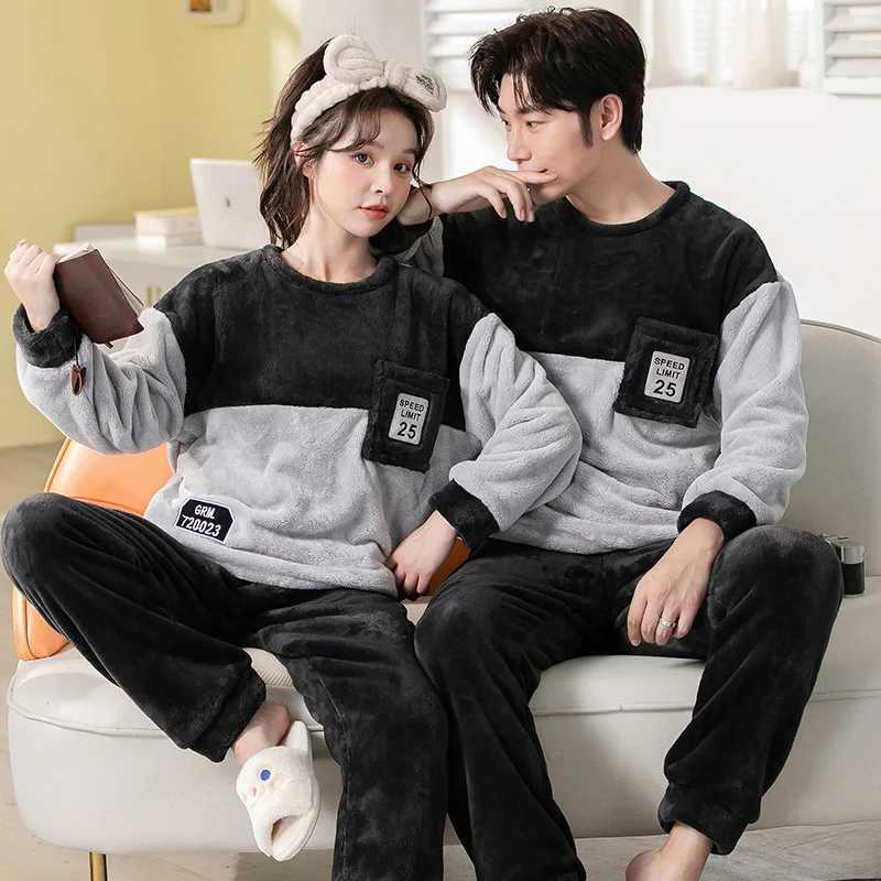 Autumn and winter thick warm flannel mens pajamas two-piece round neck coral velvet long sleeved family wear couple pajamas W241221