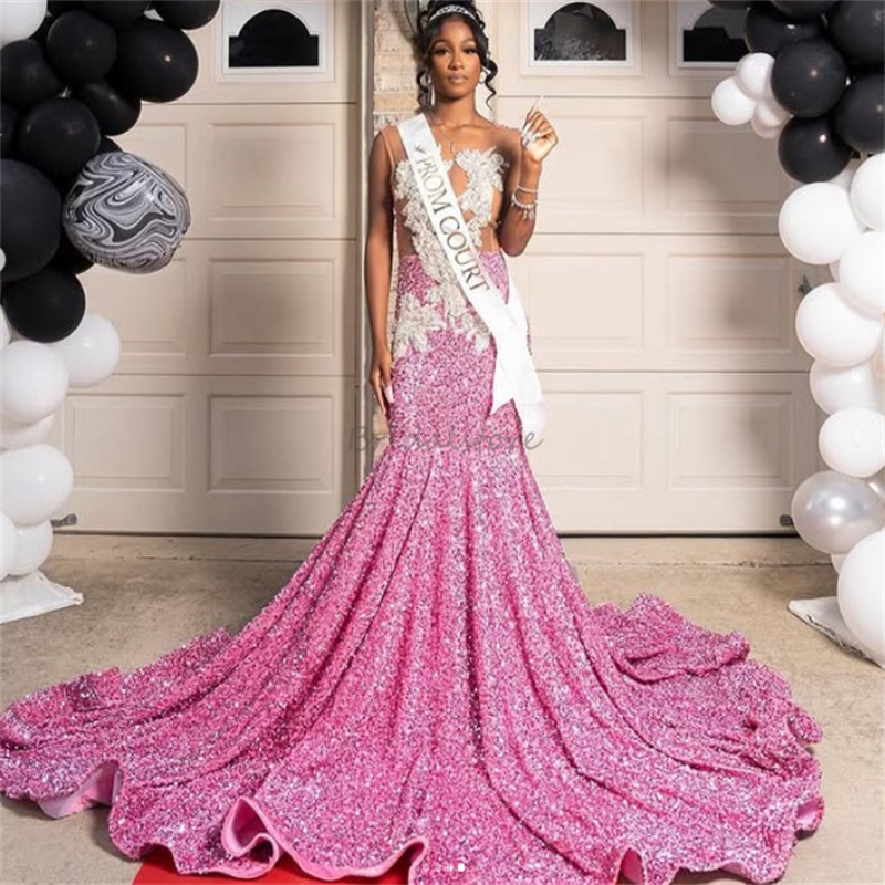 Luxury Pink Prom Dresses For Black Women Luxury Sequins Mermaid Evening Dresses Sleeveless Beaded Birthday Formal Party Night Vestio De Fiesta Ceremon