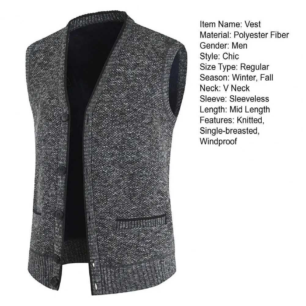 Men Sweater Vest V Neck Single-breasted Sleeveless Buttons With Pockets Elastic Thick Solid Color Knitted Top Sweater Male CoatXJ241221