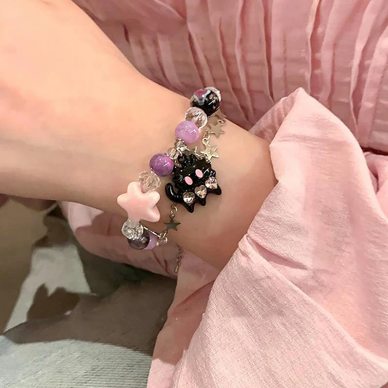 Black Cat Heart Rhinestone Pentagram Star Beads Bracelet For Women Aesthetic Sweet Cool Trendy Jewelry Korean Fashion Gift 241214