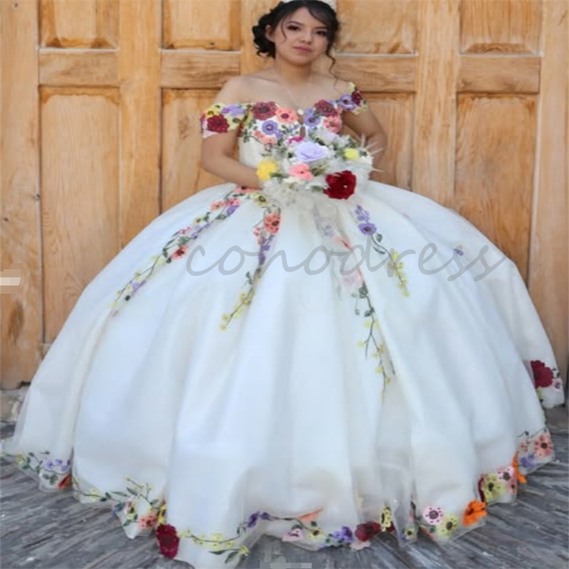 Beautiful Flowers Quinceanera Dress Charro Mexican Off Shoulders Ball Gown Sweet 16 Dress Fifteen Birthday Vestidos De 15 Anos Xv Debutante Princess P