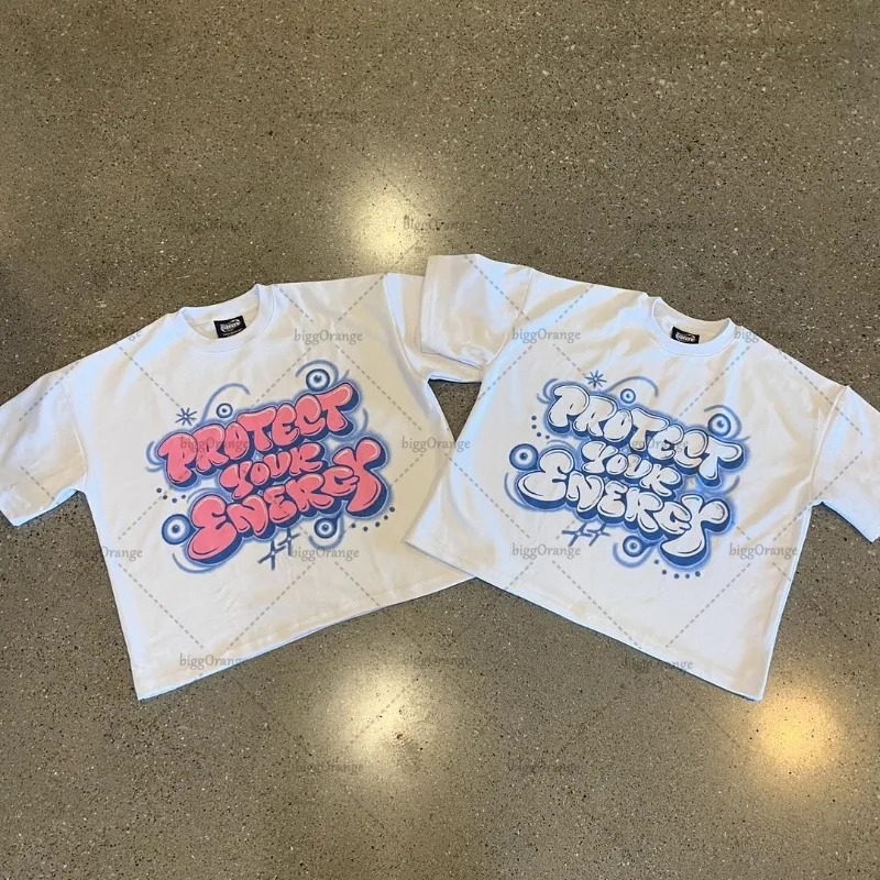 Trendy Colorful Streetwear Y2K Harajuku Retro Letter Printing Oversized Tshirt Men Pure Cotton Casual Tops Couples 241217