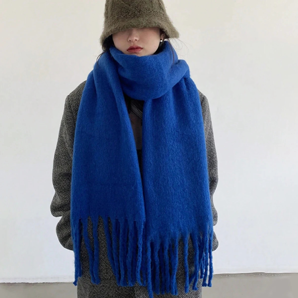 1pc Women Thick Shawl Wraps Cashmere Scarf Winter Warm Solid Color Blanket Scarves Long Tassel Hijab 241220