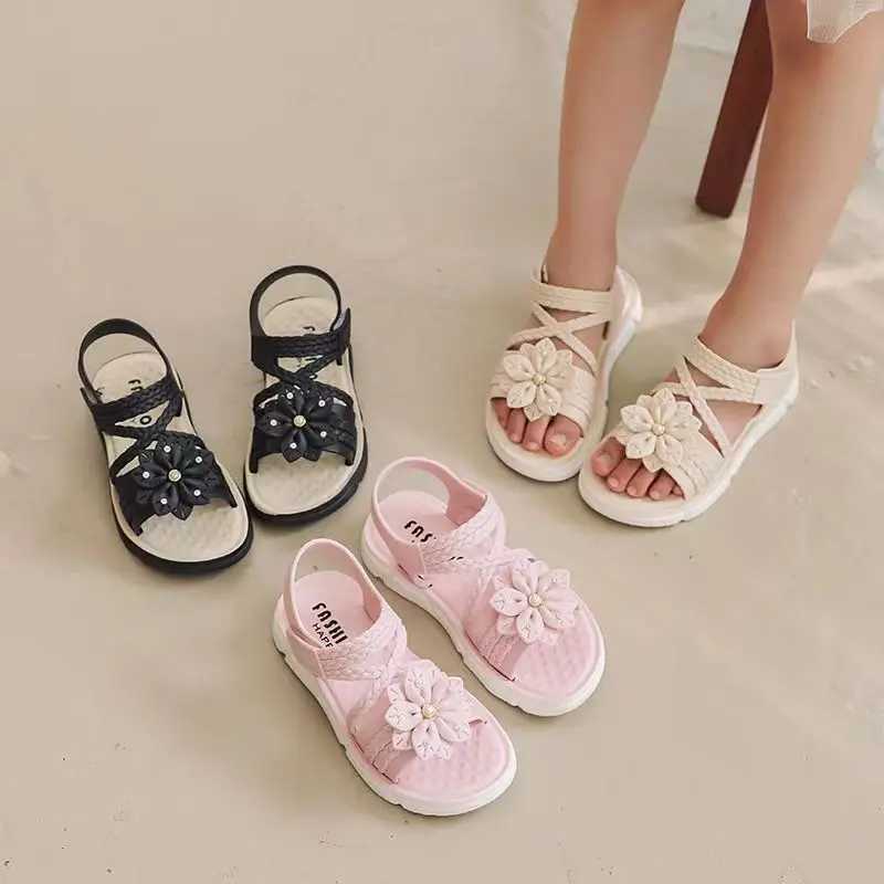 Sneakers Trendy Cute Flower Decor Solid Color Open Toe Sandals For Girls Breathable Lightweight Wear-resistant Sandals For All Seasons H241221