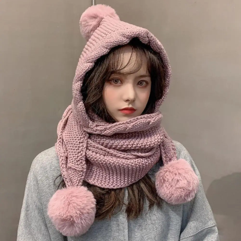 Twist Trim Knitted Scarf Hat Women Novelty Beanies Caps Plush Balls Decor Scarf Hat Casual Plush Hat Windproof Women Winter Caps 241214