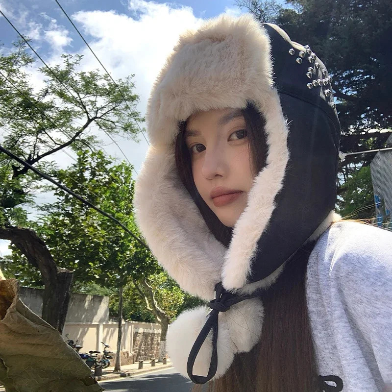 Winter suede velvet Lei Feng hat for men and women outdoor bicycles ear protector big head rivet decoration Russian hat 241220