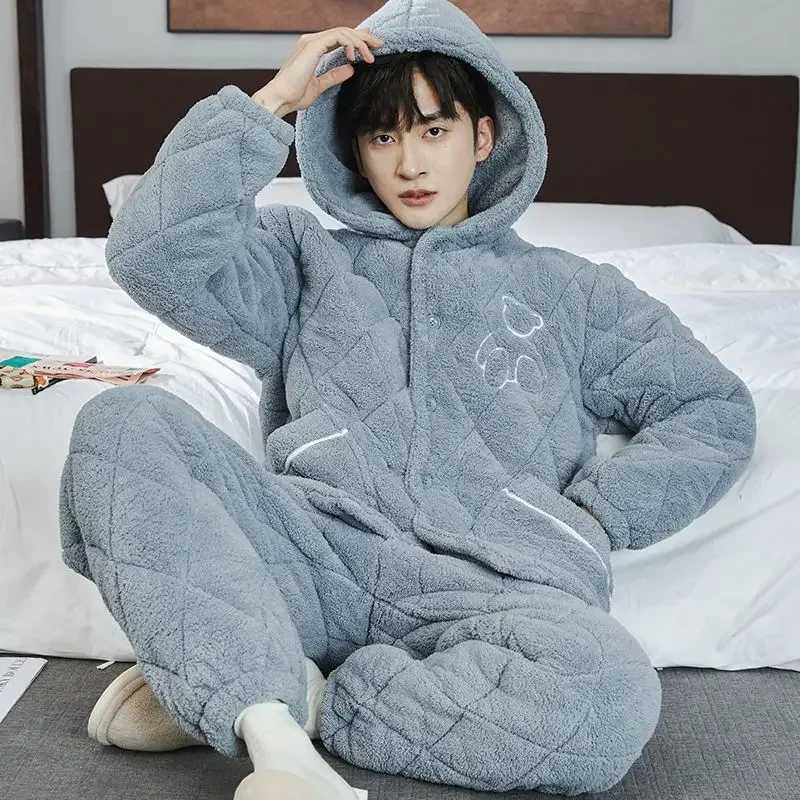 Mens casual wear three-layer cotton winter home wear mens pajamas coral velvet pajamas set thick plush flannel home wear W241221