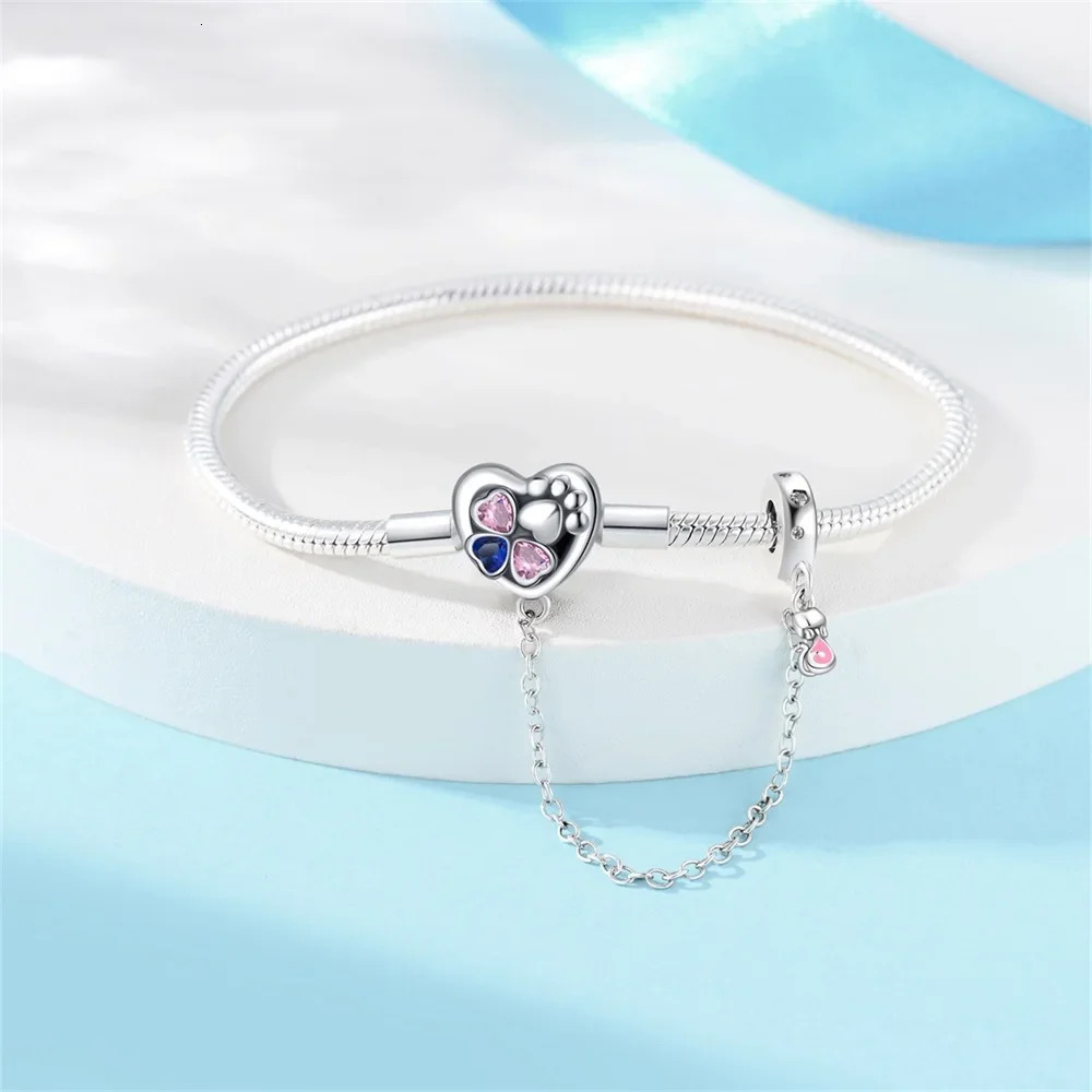 Cute 925 Sterling Silver Clover Love Cat Footprint Safety Chain Bracelet Womens Pet Party Jewelry Accessories 241214
