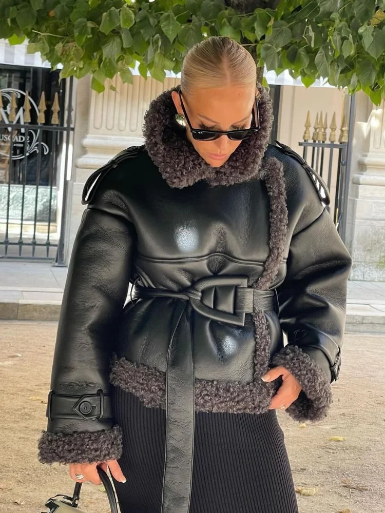 Warm Lapel Lamb Woolen Woman Leather Coat Chic Belt Black Full Sleeve Jacket Fall Winter Lady High Street Outerwear 241216