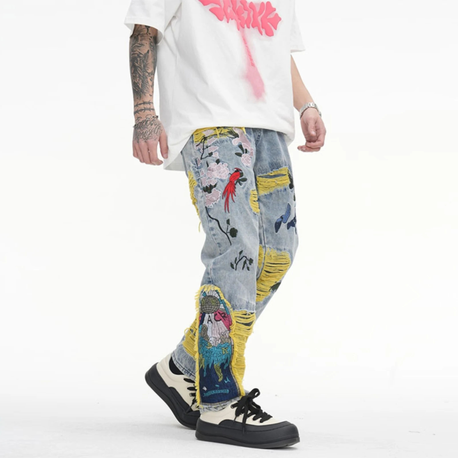 Harajuku Oil Painting ed Tassel Denim Ripped Jeans for Men Streetwear Washed Destroyed Pleated Straight Leg Pant Jean 241218