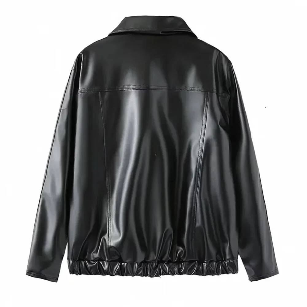 Sweet and cool bow tie leather jacket for women autumn winter n casual black 241216