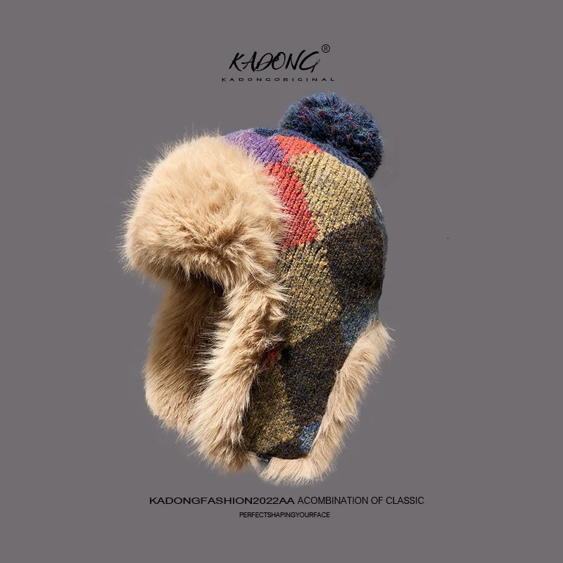 Japanese plush plain weave mens and womens Lei Feng hats imitating rabbit fur for warmth and ear protection knitted Russian hats 241220