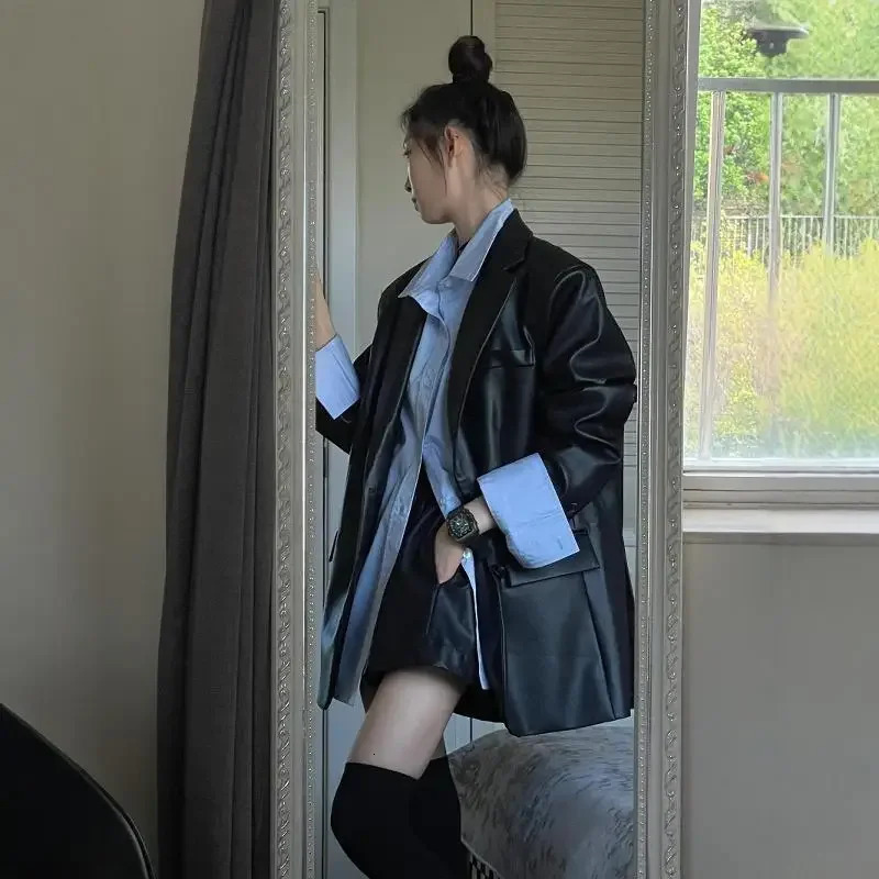 Style Womens Genuine Leather Jacket Loose Fit Casual Elegant HighEnd Feel Top Korean Vintage Black 241216