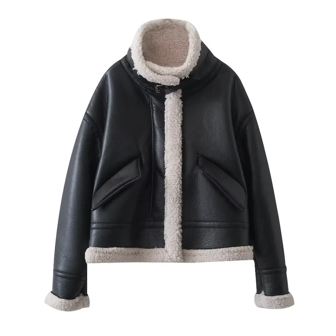 Women Fashion Thick Warm Faux Leather Shearling Jacket Coat Vintage Long Sleeve Flap Pocket Female Outerwear Chic Tops 241216