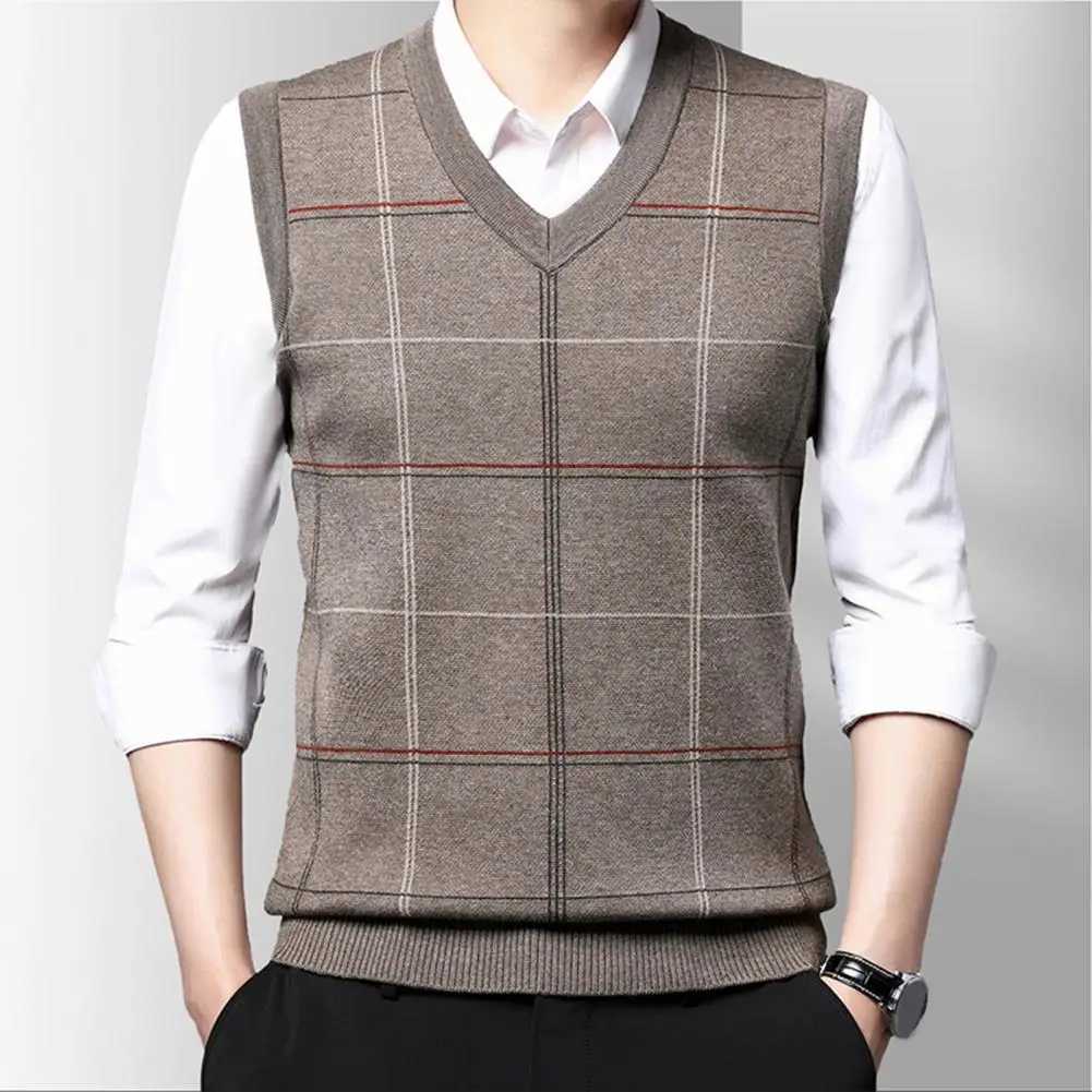 Men Fall Spring Sweater Vest Knitted Loose Pullover Vest Plaid Print Elastic Soft Warm Mid-aged Father Grandfather Sweater VestXJ241221