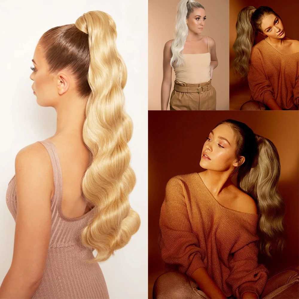 XINRAN Synthetic Long Hollywood Wave Ponytail Extension Wrap Around Ponytail Clip in Hair Extensions for Women Black Blonde RedXJ241221