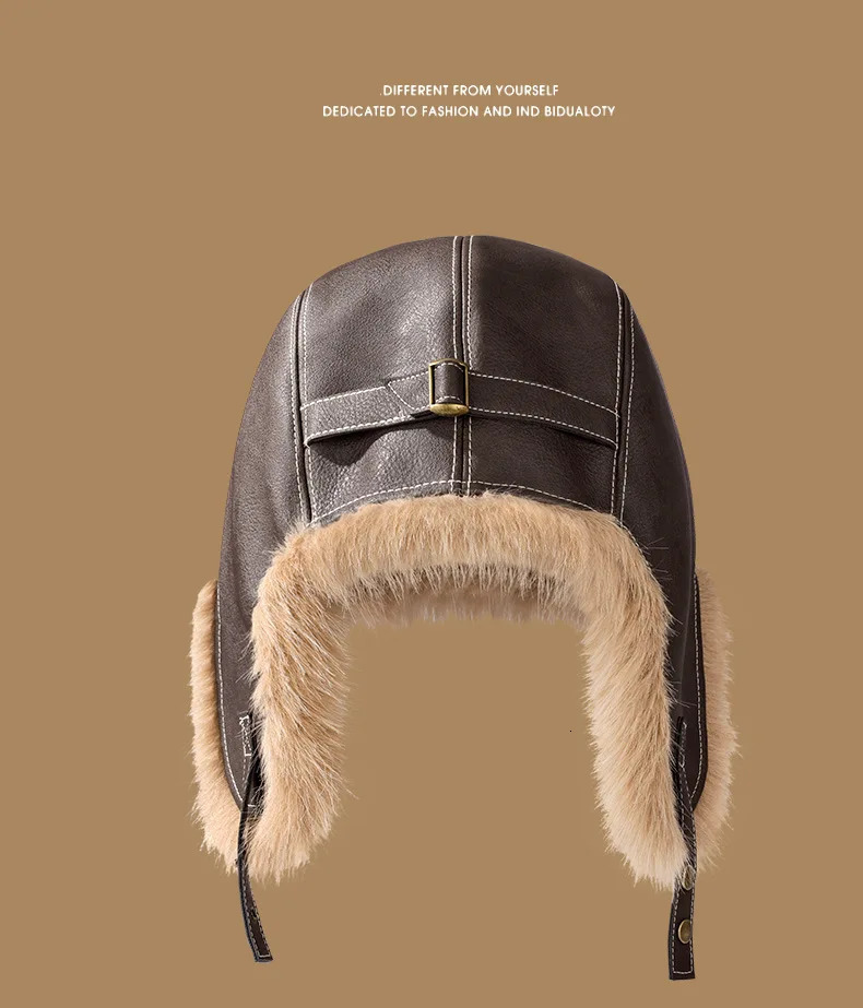 Autumn and winter mens and womens warm thick Lei Feng hat PU leather northeast cold proof ear protection hat outdoor 241220