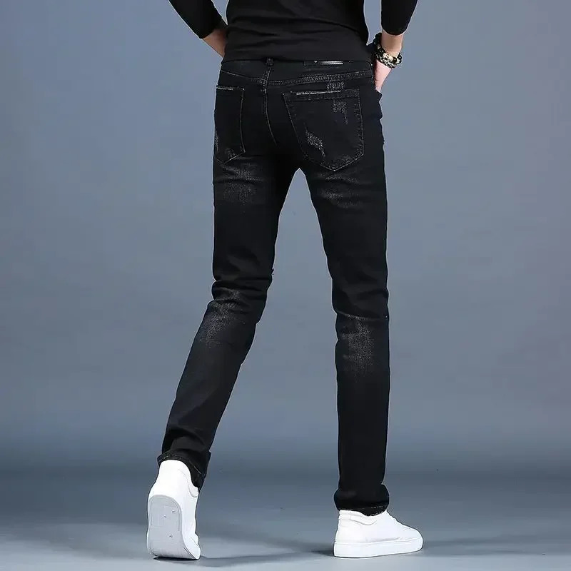 Trousers Ripped Black Jeans for Men Graphic Male Cowboy Pants Broken Tight Pipe with Holes Skinny Slim Fit Torn Trend Goth 241218