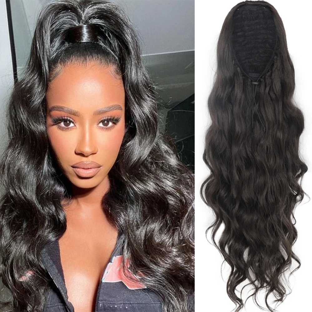 26 Synthetic Extension for Women Synthetic Long Body Wave Ponytail Extensions Black Drawstring Ponytail Clip in HairpieceXJ241221