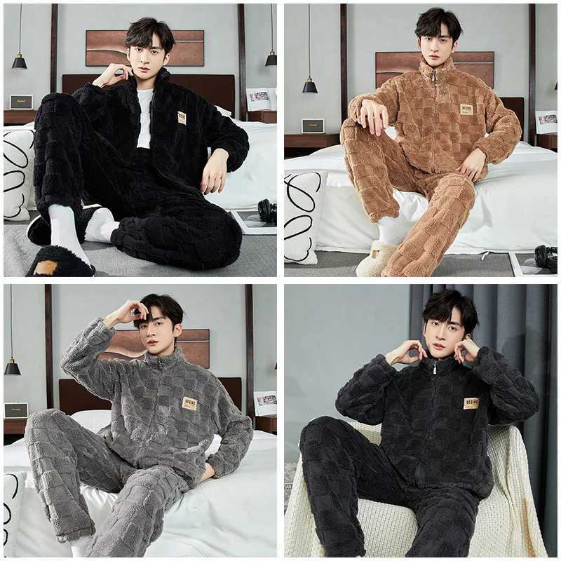 Autumn and winter long plush mens plain flannel sleepwear pants 2-piece home spun womens velvet thick sleepwear zipper Pj W241221