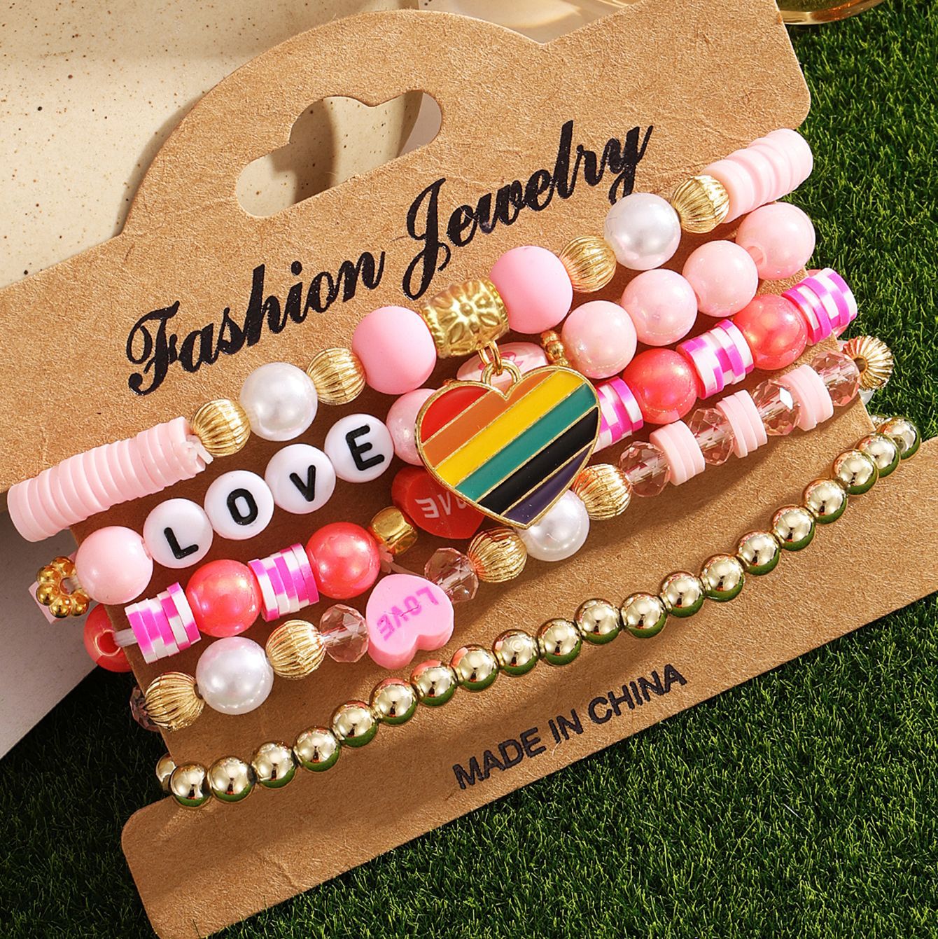Valentine's Day Pink Heart Charm Elastic Bracelet with Soft Clay Beads 2025 Fashion Letter Jewelry Set Party Birthday Gifts