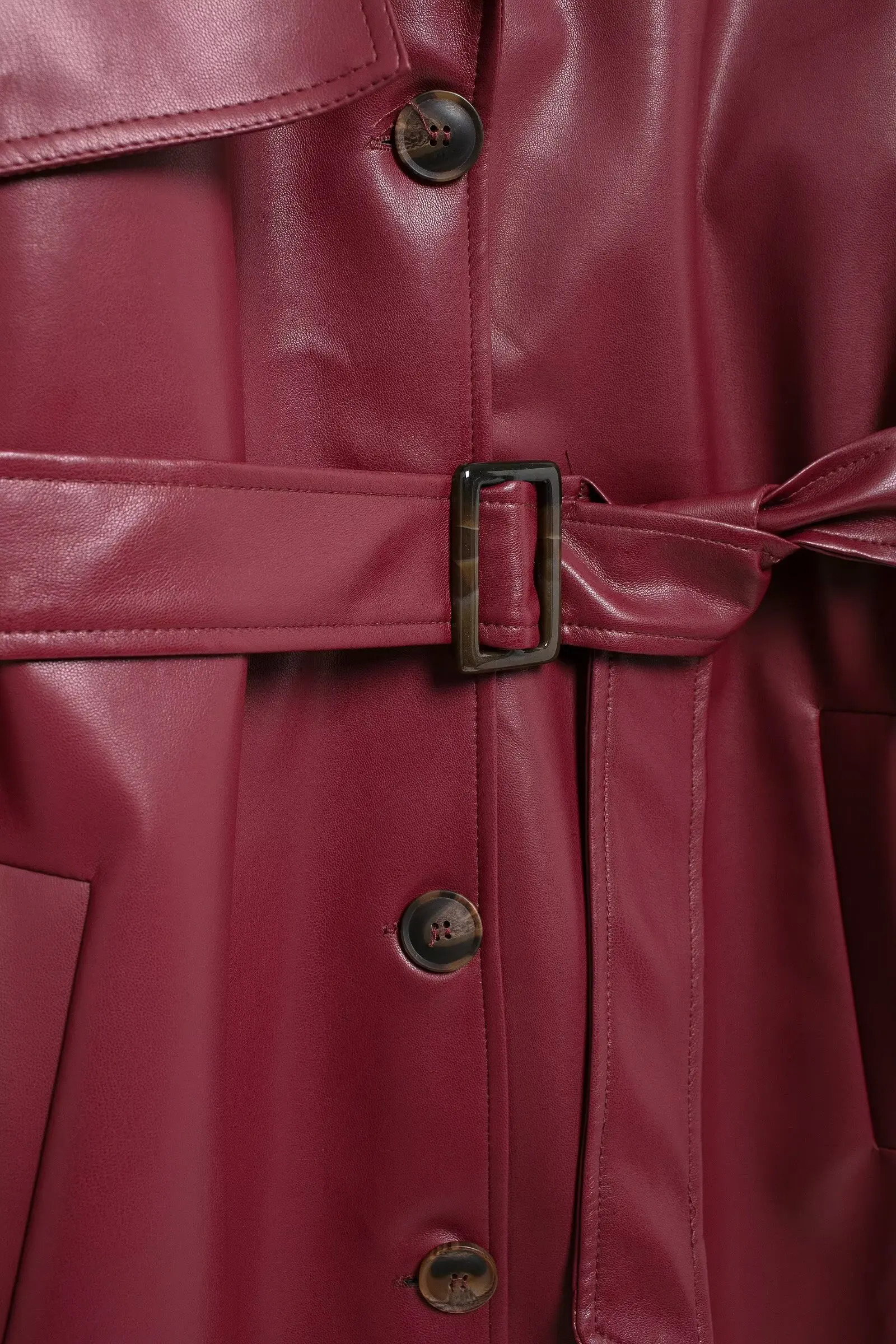 TRAFZA Women Burgundy Faux Leather Maxi Long Trench Coat Elegant Lapel Sleeve Jackets with Belt Female Fashion Outerwear 241216