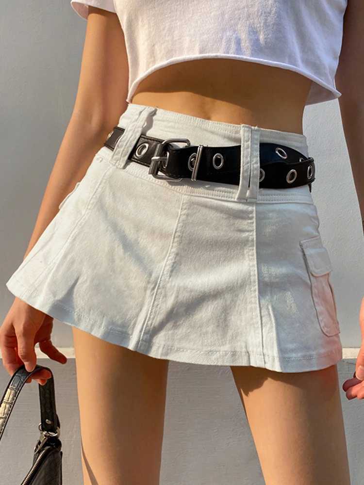 Sweetown White A Line Y2K Denim Shorts Skirts Womens Black Side Pocket Casual Cargo Jean Skirt Simple Preppy Tennis OutfitsXJ241221