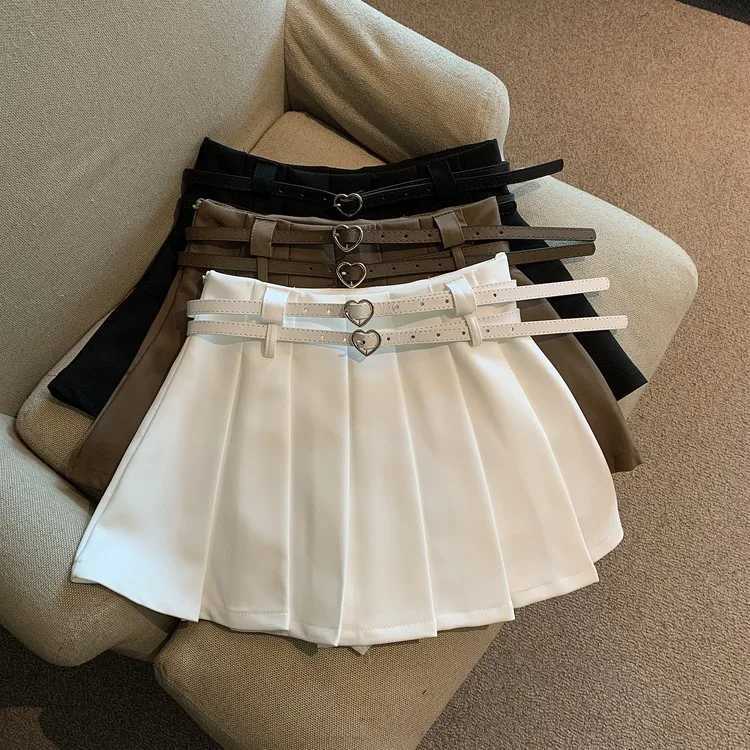 Women Pleated Mini Skirt with Dual Heart Belt for Teen-girl High Waist Tennis Skirt Preppy Summer Y2K OutfitXJ241221