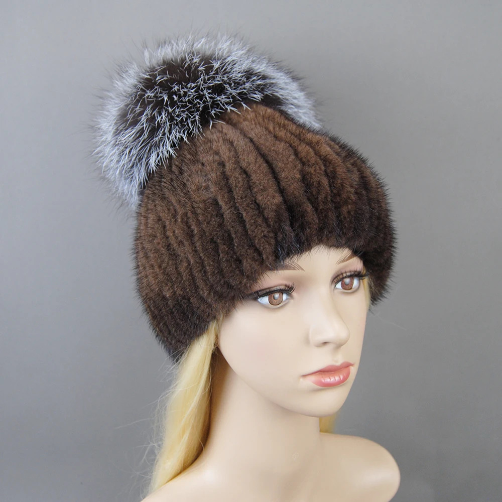Women Winter Mink Fur Hats Knitted Real Mink Silver Fox Fur Caps Female Russian Winter Warm Real Fur Beanies Hat 241214