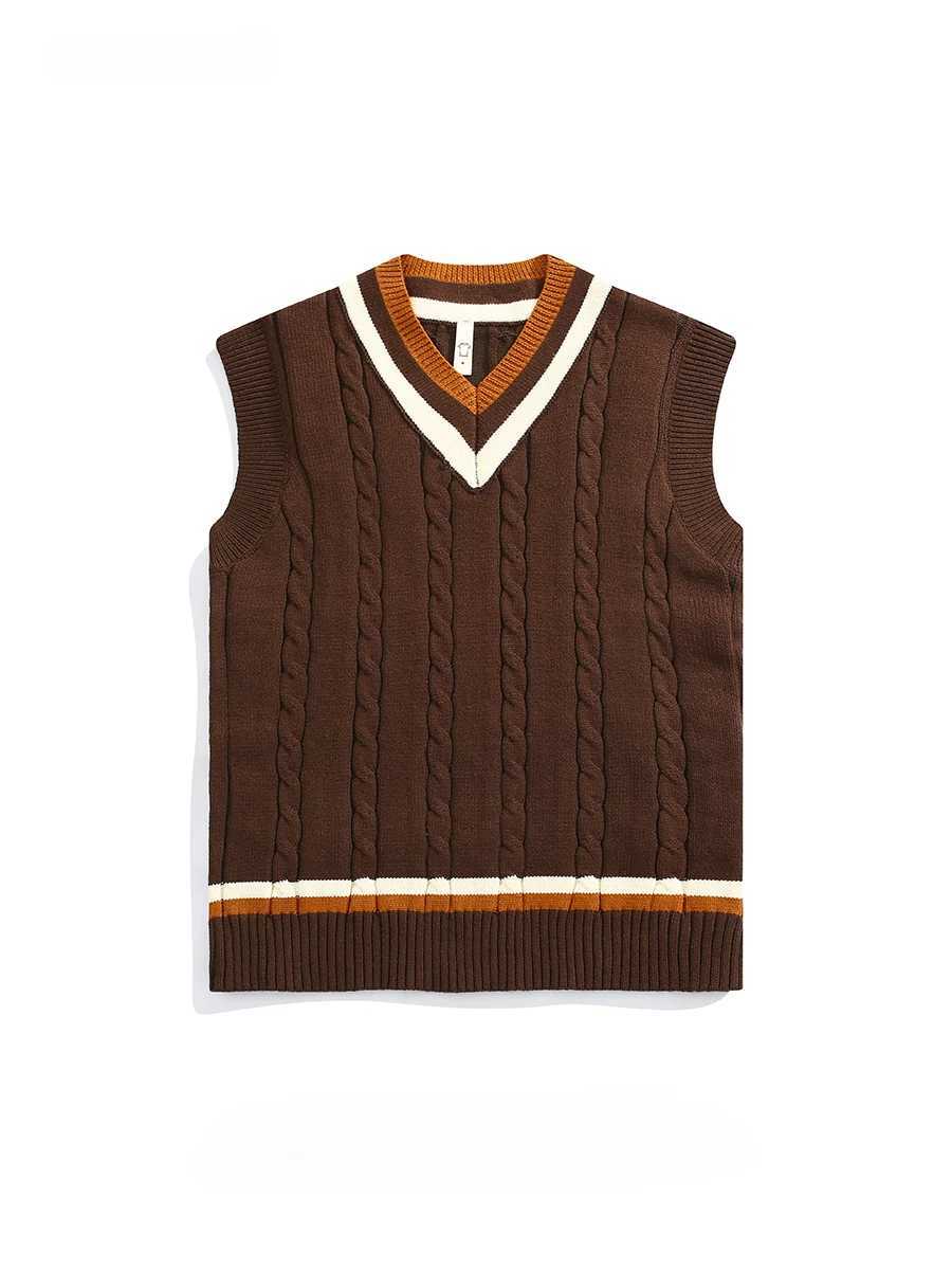 Mens British Retro College Style Color Block V-neck Sleeveless Knitted Vests Autumn Winter Versatile Layered Sweater WaistcoatXJ241221