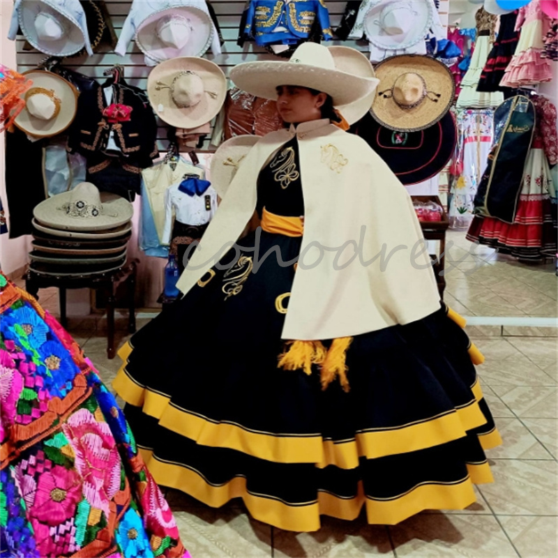 Mexican Black Quinceanera Dress Charro Embroidery Horse Long Sleeve Birthday Party Sweet 16 Vestidos De 15 Anos Xv Debutante Halloween Cosplay Costume