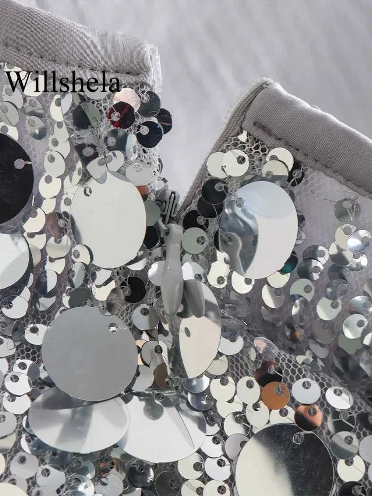 Willshela Women Fashion With Sequined Solid Side Zipper Mini Skirt Vintage High Waist Fe Chic Lady SkirtsXJ241221
