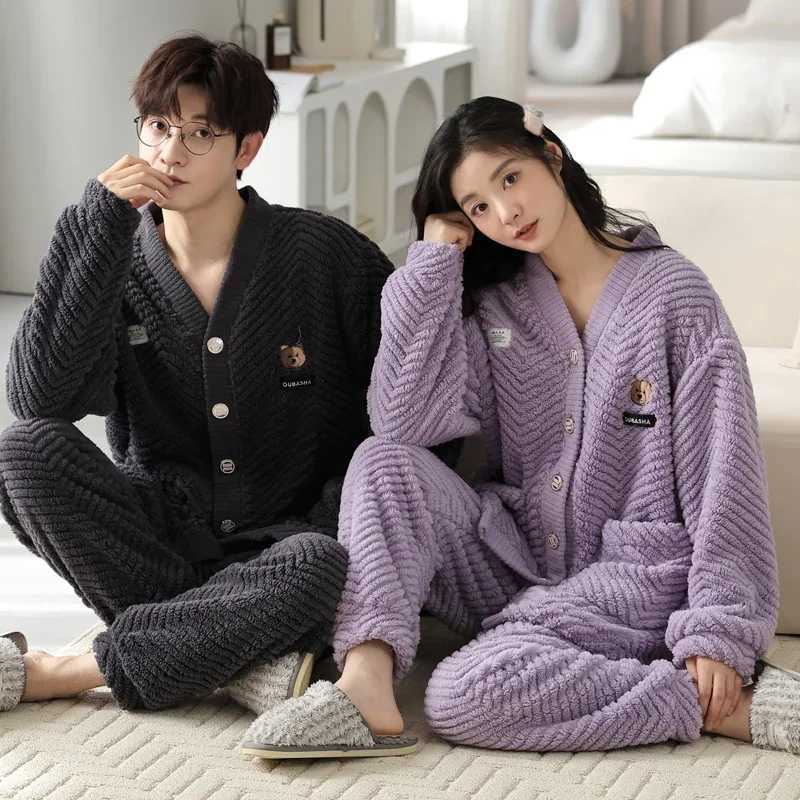 Japanese kimono couple warm sleepwear matching flannel thick sleepwear set cardigan wool sweater family clothing Hombre W241221