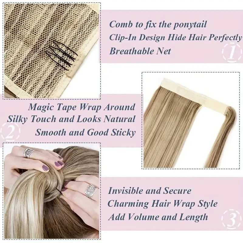 Snoilite Synthetic Long Straight Ponytail Extensions 28 Inch Wrap Around Light Golden Brown Ponytails Hair Piece Pony Tail HairXJ241221
