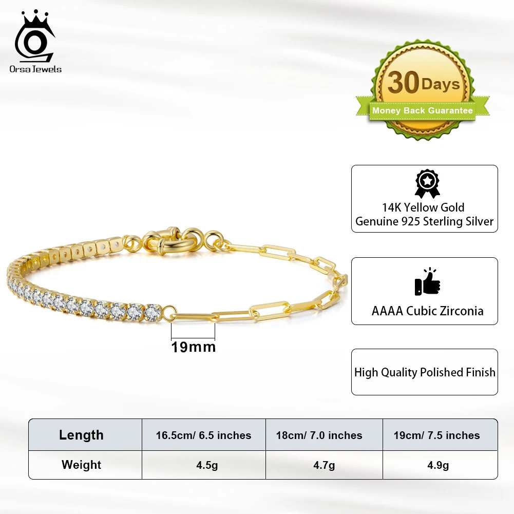 ORSA JEWELS 925 Sterling Silver Paperclip Chains Tennis Bracelet for Women Cubic Zirconia Chain Bracelet Fashion Jewelry SB119 241220