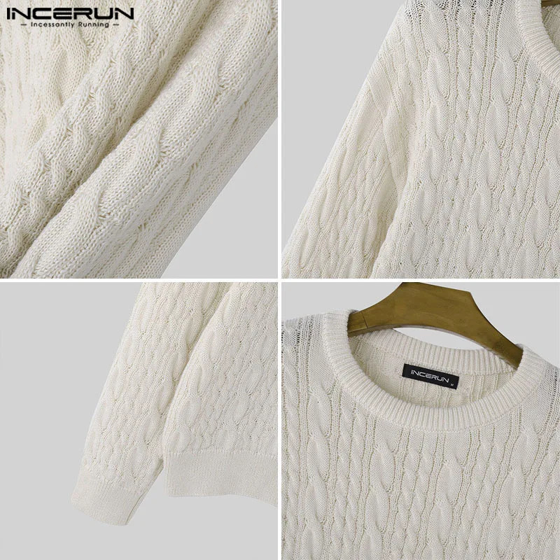 INCERUN Men Pullovers Year Autumn Winter Fashion Round Neck Long Sleeve Woolen Knitted Warm Sweaters Textured Casual Jumper 241220