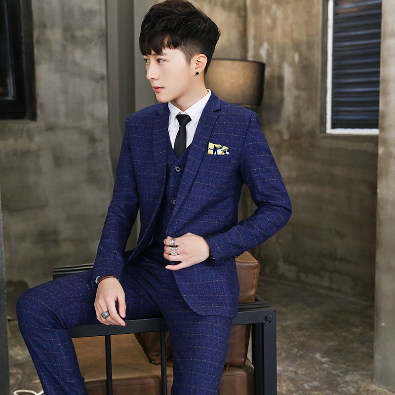 F1221Groom and best man suit five piece checkered suit