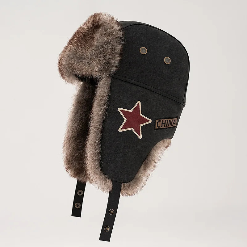 Lei Feng hat mens plush ear hat womens winter bicycle waterproof and windproof red star hat retro warm and cold hat 241220