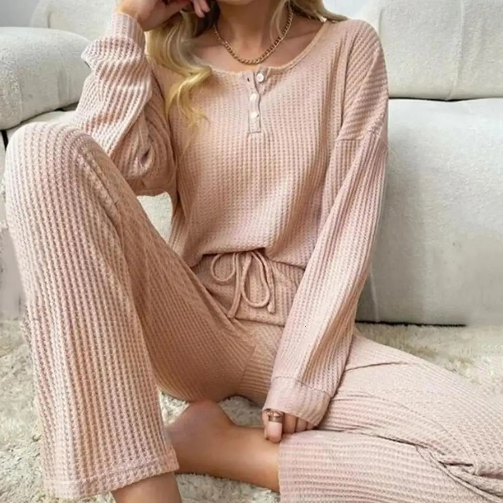 Waffle Texture Women Solid Color Casual Pajama Set Korean Pajamas Women Pijama Female Bedroom Set Woman 2 Pieces Loungewear 241217