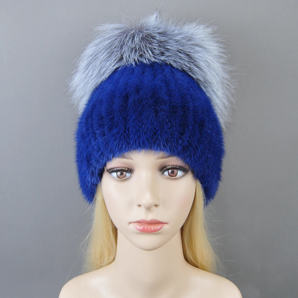 Women Winter Mink Fur Hats Knitted Real Mink Silver Fox Fur Caps Female Russian Winter Warm Real Fur Beanies Hat 241214
