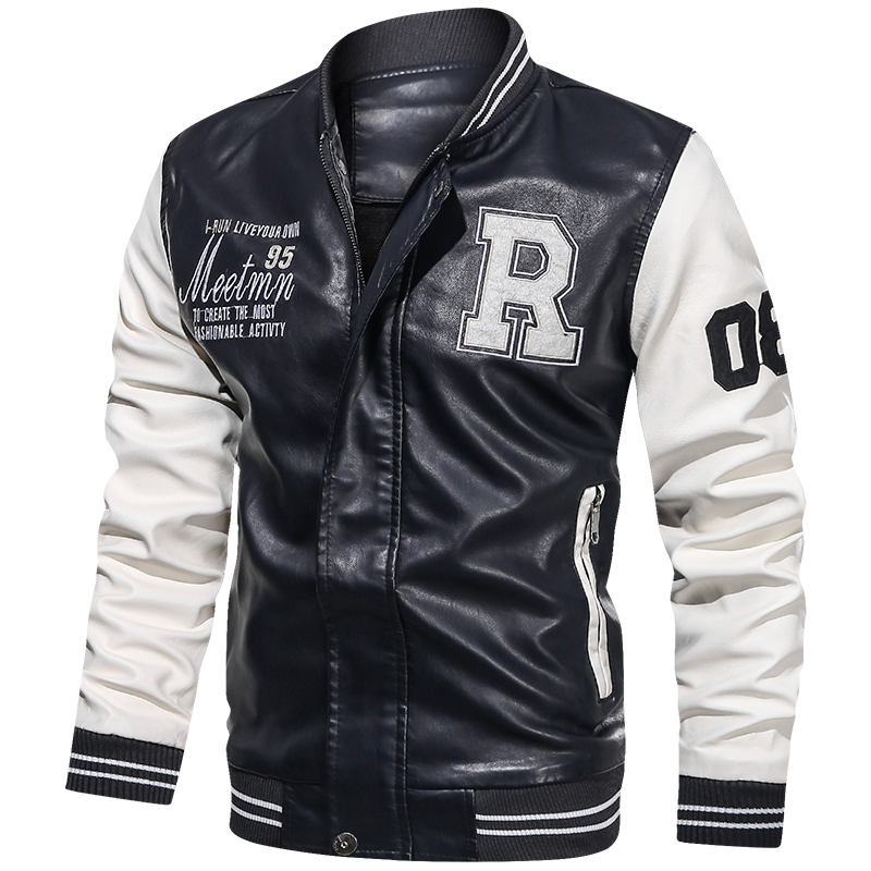 Spring and Autumn Men's Motorcycle Suit Leather jacket Color blocking American baseball collar pilot casual PU leather jacket