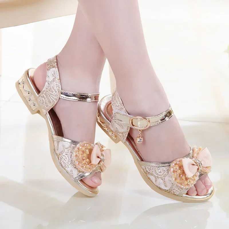 Sneakers Girls princess shoes summer childrens high heels open toe party childrens sandals anti slip childrens tight sequined beach shoes H241221