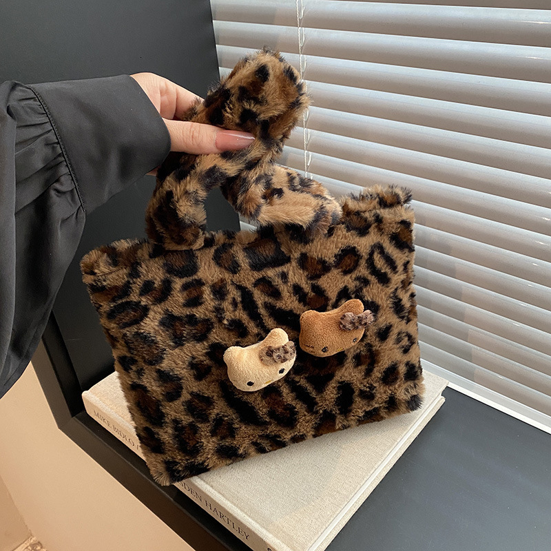 new plush leopard print cute cat girl designer commuting handbag trend cute women s shoulder bag bag