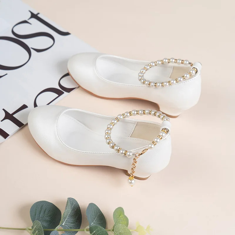 Girls High-heeled Leather Shoes Spring Childrens High-heeled Middle-aged Kids White Wedding Host Show Princess Dress Shoes 241217