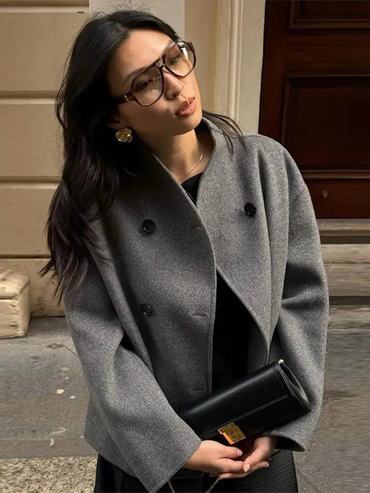 Womens Woolen Coats Loose Casual Retro Double Breasted Stand Collar Short Jacket Office Lady Outerwear Autumn Winter 241216