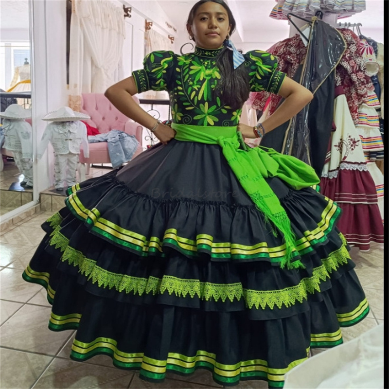 Black And Green Mexican Quinceanera Dresses Short Sleeve Charro Embroider Birthday Party Gown With Bow Vestidos De 15 Anos Xv Debutante Halloween Cosp